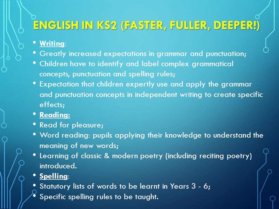ENGLISH IN KS2 (FASTER, FULLER, DEEPER!) Writing: Greatly increased expectations in grammar and punctuation; Children have to identify and label complex grammatical concepts, punctuation and spelling rules; Expectation that children expertly use and apply the grammar and punctuation concepts in independent writing to create specific effects; Reading: Read for pleasure; Word reading: pupils applying their knowledge to understand the meaning of new words; Learning of classic & modern poetry (including reciting poetry) introduced.