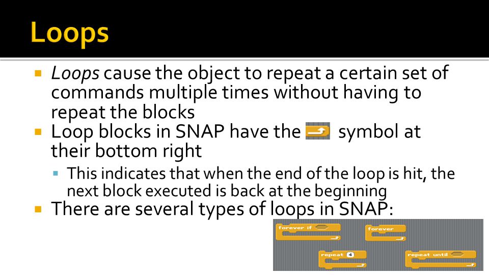  Loops cause the object to repeat a certain set of commands multiple times without having to repeat the blocks  Loop blocks in SNAP have the symbol at their bottom right  This indicates that when the end of the loop is hit, the next block executed is back at the beginning  There are several types of loops in SNAP: