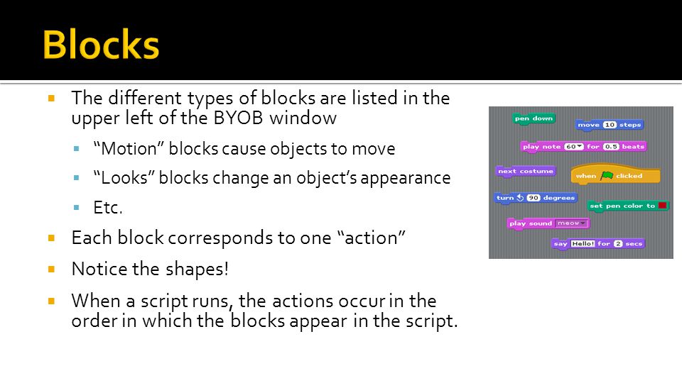  The different types of blocks are listed in the upper left of the BYOB window  Motion blocks cause objects to move  Looks blocks change an object’s appearance  Etc.