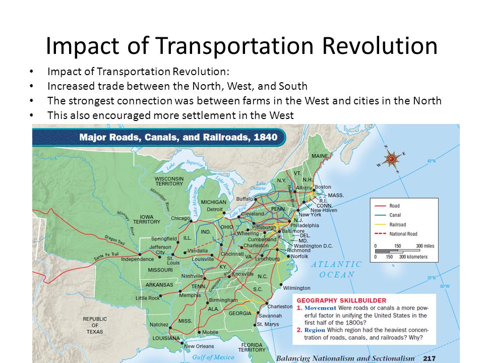Impact of Transportation Revolution Impact of Transportation Revolution: Increased trade between the North, West, and South The strongest connection was between farms in the West and cities in the North This also encouraged more settlement in the West