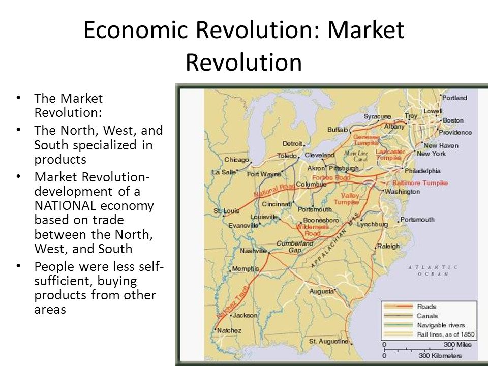 Economic Revolution: Market Revolution The Market Revolution: The North, West, and South specialized in products Market Revolution- development of a NATIONAL economy based on trade between the North, West, and South People were less self- sufficient, buying products from other areas