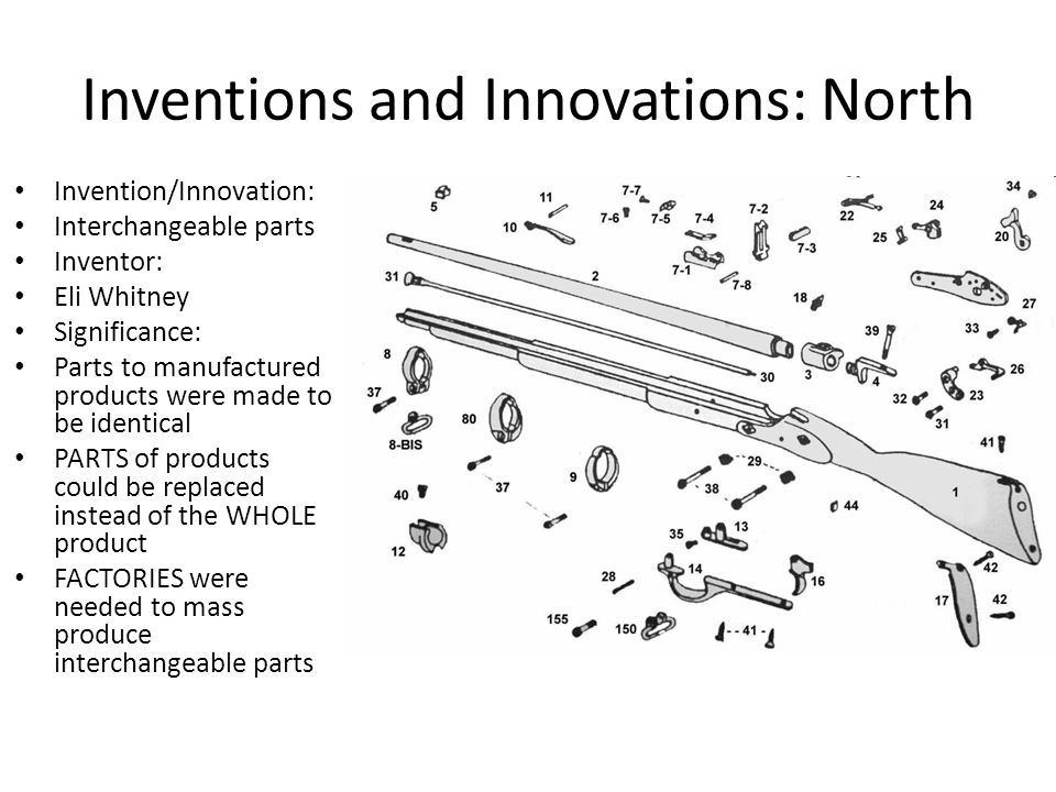 Inventions and Innovations: North Invention/Innovation: Interchangeable parts Inventor: Eli Whitney Significance: Parts to manufactured products were made to be identical PARTS of products could be replaced instead of the WHOLE product FACTORIES were needed to mass produce interchangeable parts