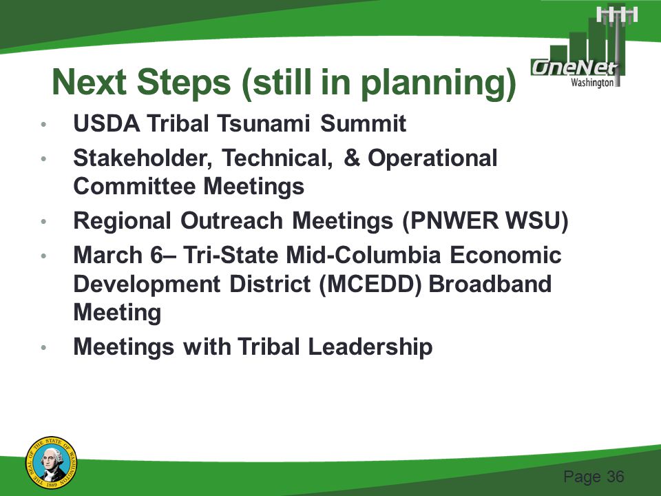 Page 36 USDA Tribal Tsunami Summit Stakeholder, Technical, & Operational Committee Meetings Regional Outreach Meetings (PNWER WSU) March 6– Tri-State Mid-Columbia Economic Development District (MCEDD) Broadband Meeting Meetings with Tribal Leadership Next Steps (still in planning)
