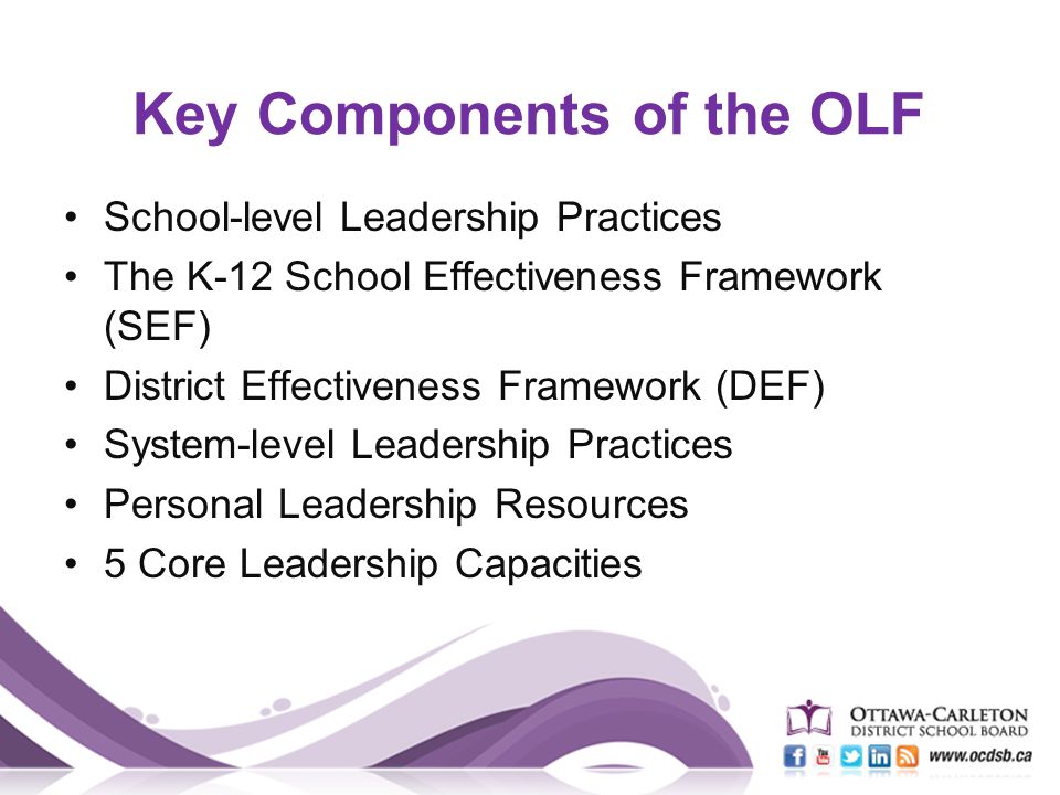 Key Components of the OLF School-level Leadership Practices The K-12 School Effectiveness Framework (SEF) District Effectiveness Framework (DEF) System-level Leadership Practices Personal Leadership Resources 5 Core Leadership Capacities