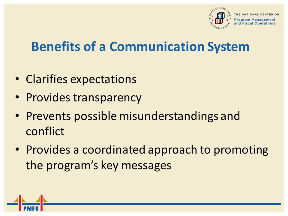 Benefits of a Communication System Clarifies expectations Provides transparency Prevents possible misunderstandings and conflict Provides a coordinated approach to promoting the program’s key messages