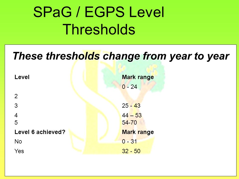 SPaG / EGPS Level Thresholds These thresholds change from year to year LevelMark range – Level 6 achieved Mark range No Yes