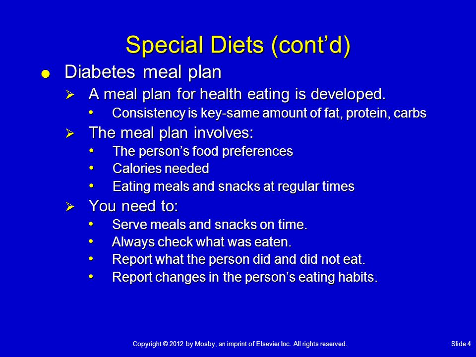  Diabetes meal plan  A meal plan for health eating is developed.