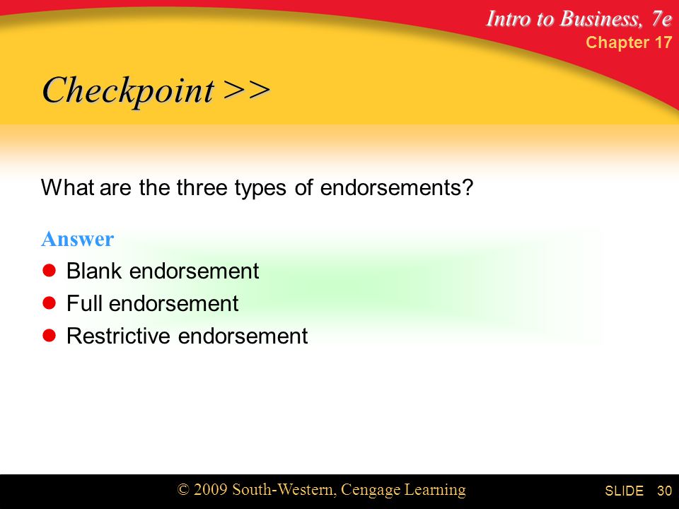 Intro to Business, 7e © 2009 South-Western, Cengage Learning SLIDE Chapter What are the three types of endorsements.
