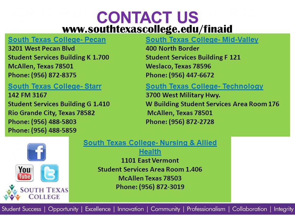 CONTACT US South Texas College- Pecan 3201 West Pecan Blvd Student Services Building K McAllen, Texas Phone: (956) South Texas College- Mid-Valley 400 North Border Student Services Building F 121 Weslaco, Texas Phone: (956) South Texas College- Technology 3700 West Military Hwy.