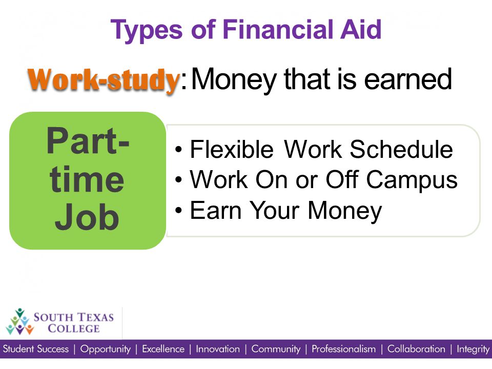 Work-study Work-study : Money that is earned Types of Financial Aid Flexible Work Schedule Work On or Off Campus Earn Your Money Part- time Job