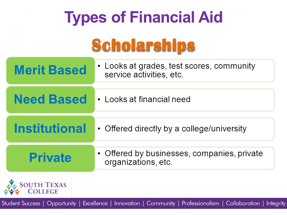 Scholarships Types of Financial Aid Looks at grades, test scores, community service activities, etc.