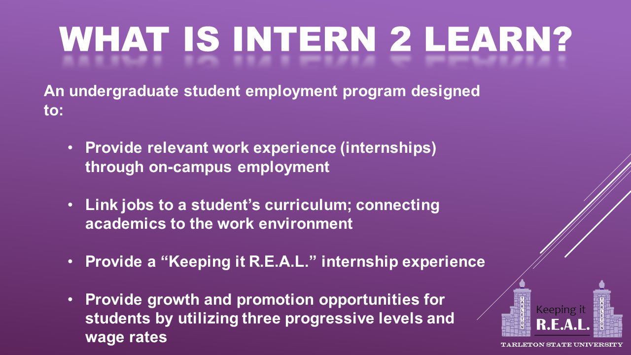 An undergraduate student employment program designed to: Provide relevant work experience (internships) through on-campus employment Link jobs to a student’s curriculum; connecting academics to the work environment Provide a Keeping it R.E.A.L. internship experience Provide growth and promotion opportunities for students by utilizing three progressive levels and wage rates R.E.A.L.