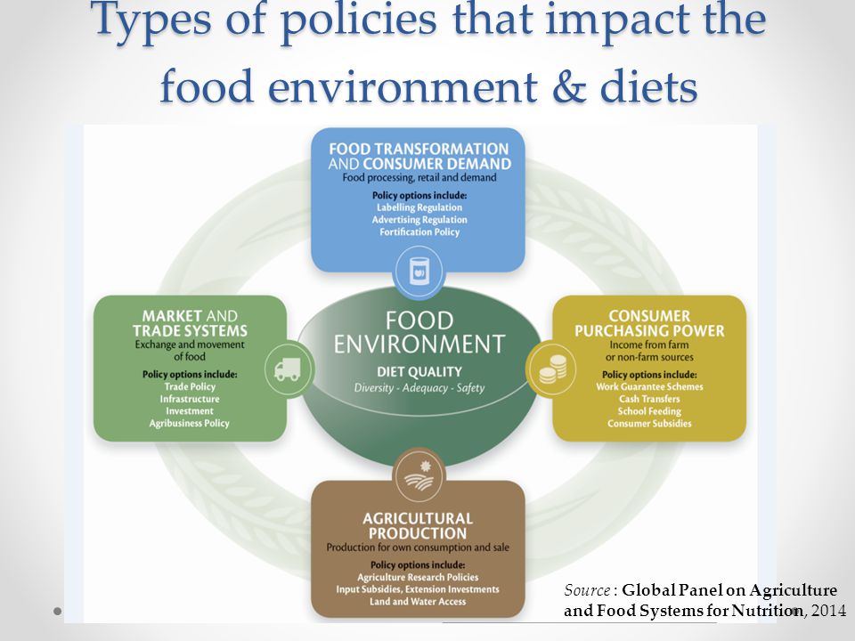 Source : Global Panel on Agriculture and Food Systems for Nutrition, 2014 Types of policies that impact the food environment & diets