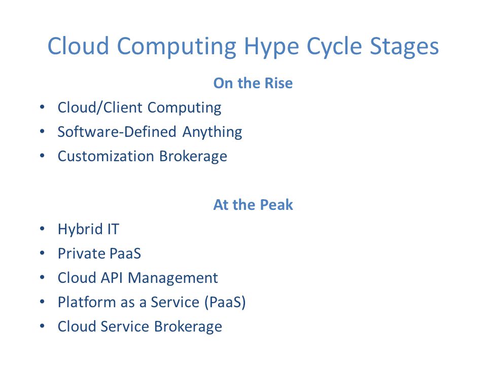 Cloud Computing Hype Cycle Stages On the Rise Cloud/Client Computing Software-Defined Anything Customization Brokerage At the Peak Hybrid IT Private PaaS Cloud API Management Platform as a Service (PaaS) Cloud Service Brokerage