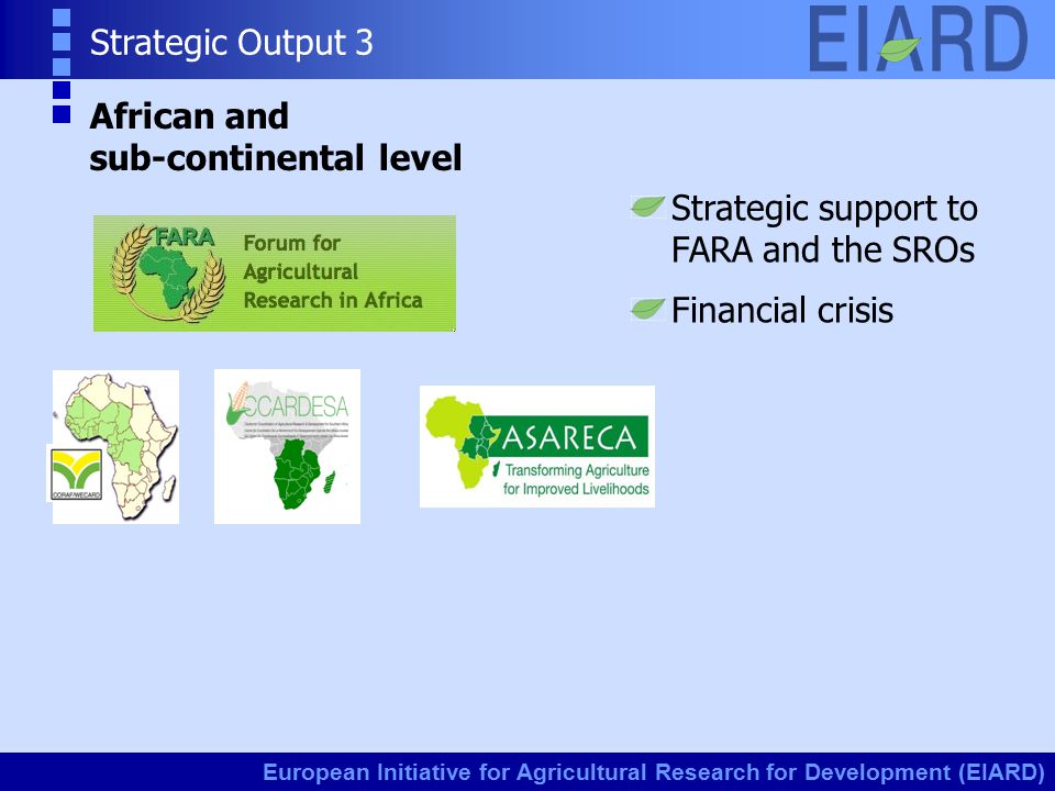 European Initiative for Agricultural Research for Development (EIARD) Strategic support to FARA and the SROs Financial crisis Strategic Output 3 African and sub-continental level