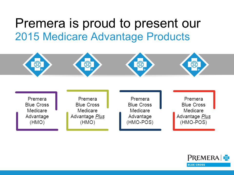 Premera is proud to present our 2015 Medicare Advantage Products Premera Blue Cross Medicare Advantage (HMO) Premera Blue Cross Medicare Advantage Plus (HMO) Premera Blue Cross Medicare Advantage (HMO-POS) Premera Blue Cross Medicare Advantage Plus (HMO-POS)