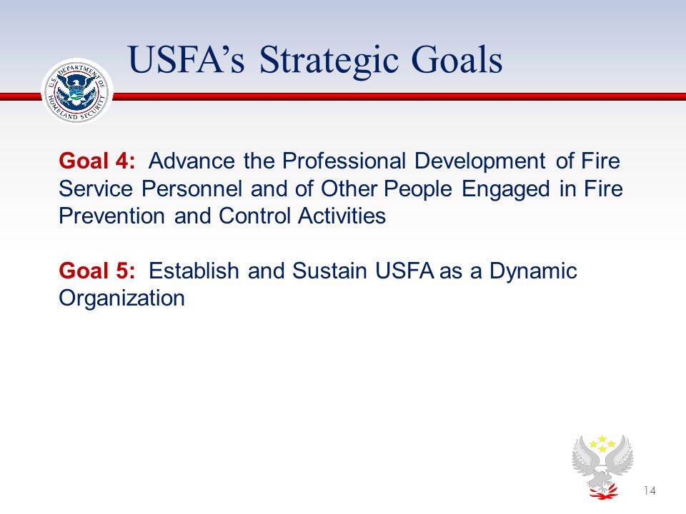 USFA’s Strategic Goals Goal 4: Advance the Professional Development of Fire Service Personnel and of Other People Engaged in Fire Prevention and Control Activities Goal 5: Establish and Sustain USFA as a Dynamic Organization 14