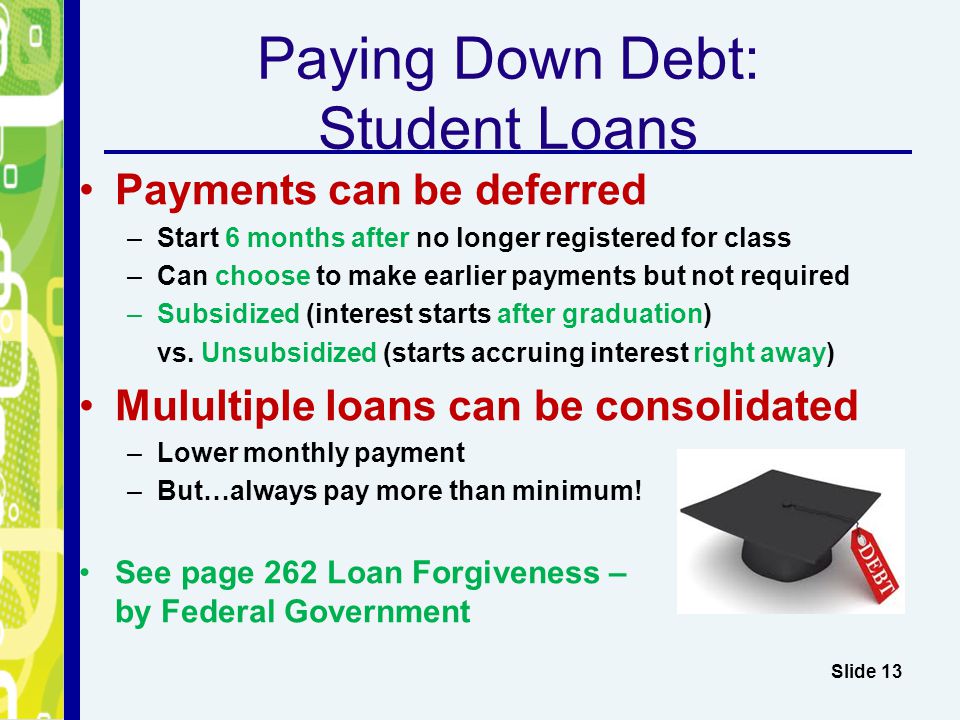 Paying Down Debt: Student Loans Payments can be deferred –Start 6 months after no longer registered for class –Can choose to make earlier payments but not required –Subsidized (interest starts after graduation) vs.