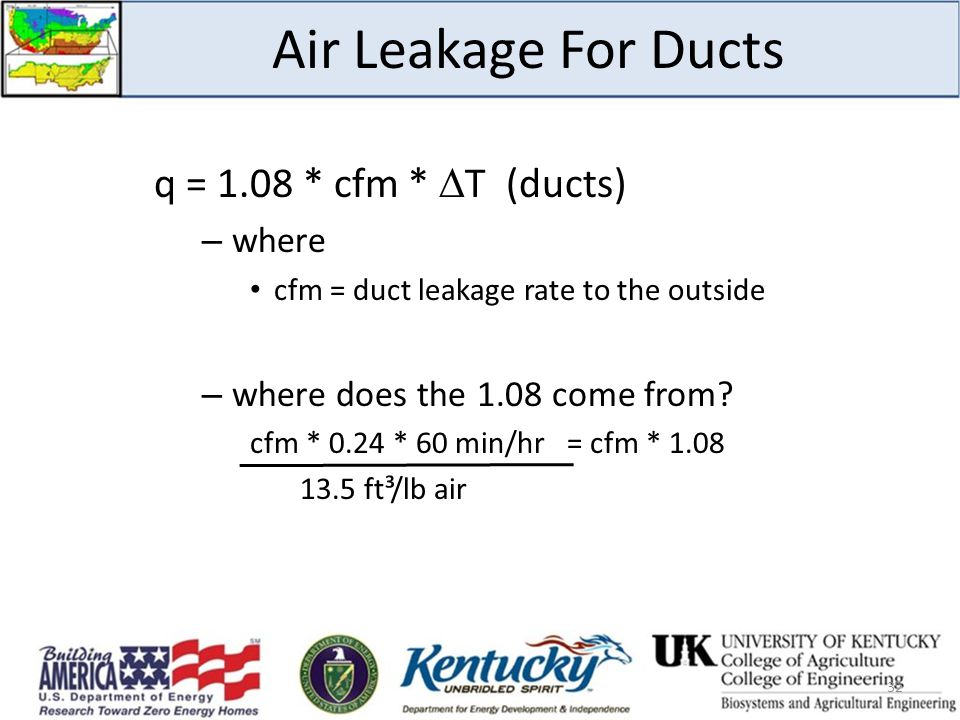 Air Leakage For Ducts q = 1.08 * cfm *  T (ducts) – where cfm = duct leakage rate to the outside – where does the 1.08 come from.