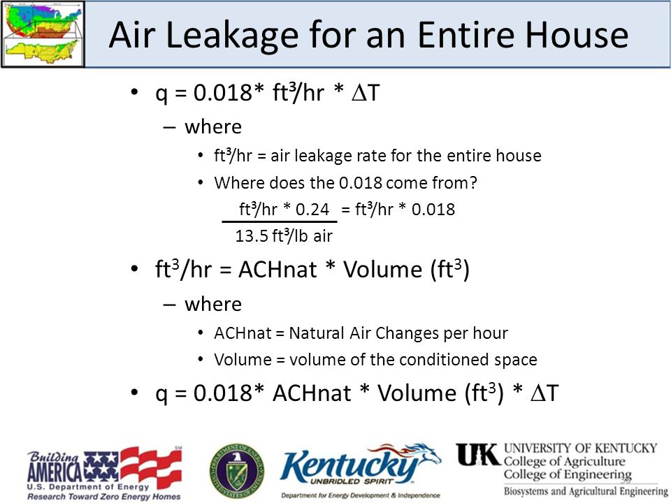 Air Leakage for an Entire House q = 0.018* ft³/hr *  T – where ft³/hr = air leakage rate for the entire house Where does the come from.