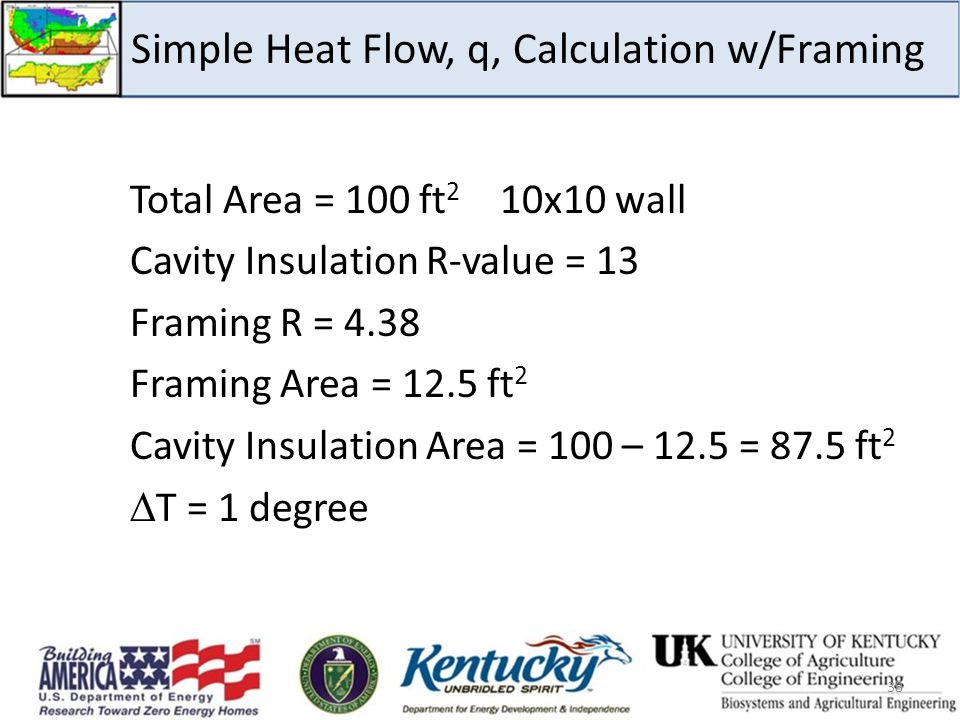 Simple Heat Flow, q, Calculation w/Framing Total Area = 100 ft 2 10x10 wall Cavity Insulation R-value = 13 Framing R = 4.38 Framing Area = 12.5 ft 2 Cavity Insulation Area = 100 – 12.5 = 87.5 ft 2  T = 1 degree 38