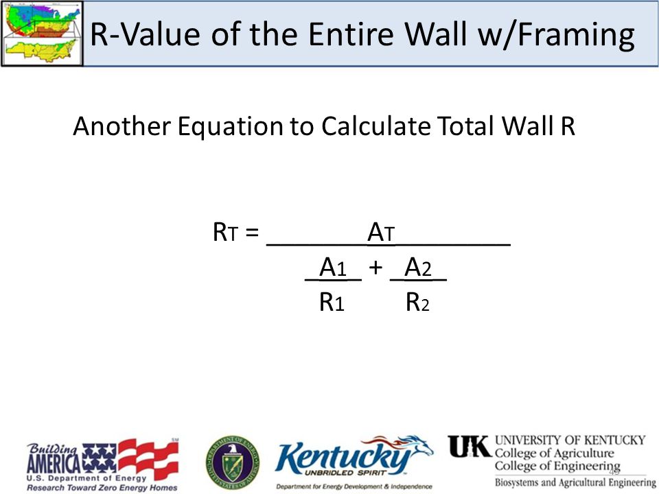 Another Equation to Calculate Total Wall R R T = _______A T ________ _A 1 _ + _A 2 _ R 1 R 2 43 R-Value of the Entire Wall w/Framing
