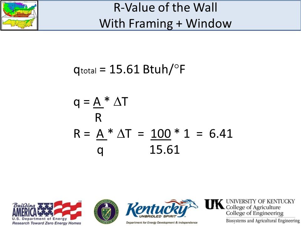 R-Value of the Wall With Framing + Window q total = Btuh/ ° F q = A *  T R R = A *  T = 100 * 1 = 6.41 q