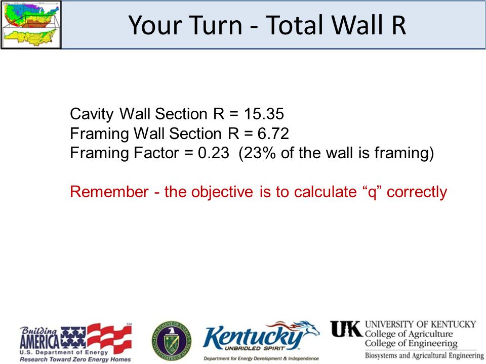 Your Turn - Total Wall R Cavity Wall Section R = Framing Wall Section R = 6.72 Framing Factor = 0.23 (23% of the wall is framing) Remember - the objective is to calculate q correctly 65