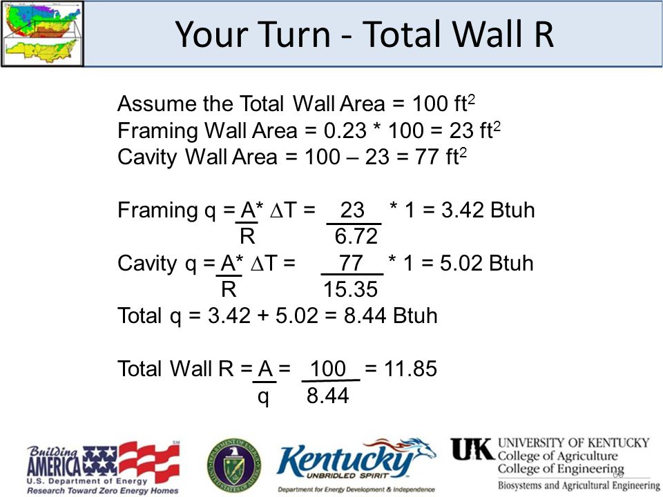 Assume the Total Wall Area = 100 ft 2 Framing Wall Area = 0.23 * 100 = 23 ft 2 Cavity Wall Area = 100 – 23 = 77 ft 2 Framing q = A*  T = 23 * 1 = 3.42 Btuh R 6.72 Cavity q = A*  T = 77 * 1 = 5.02 Btuh R Total q = = 8.44 Btuh Total Wall R = A = 100 = q Your Turn - Total Wall R
