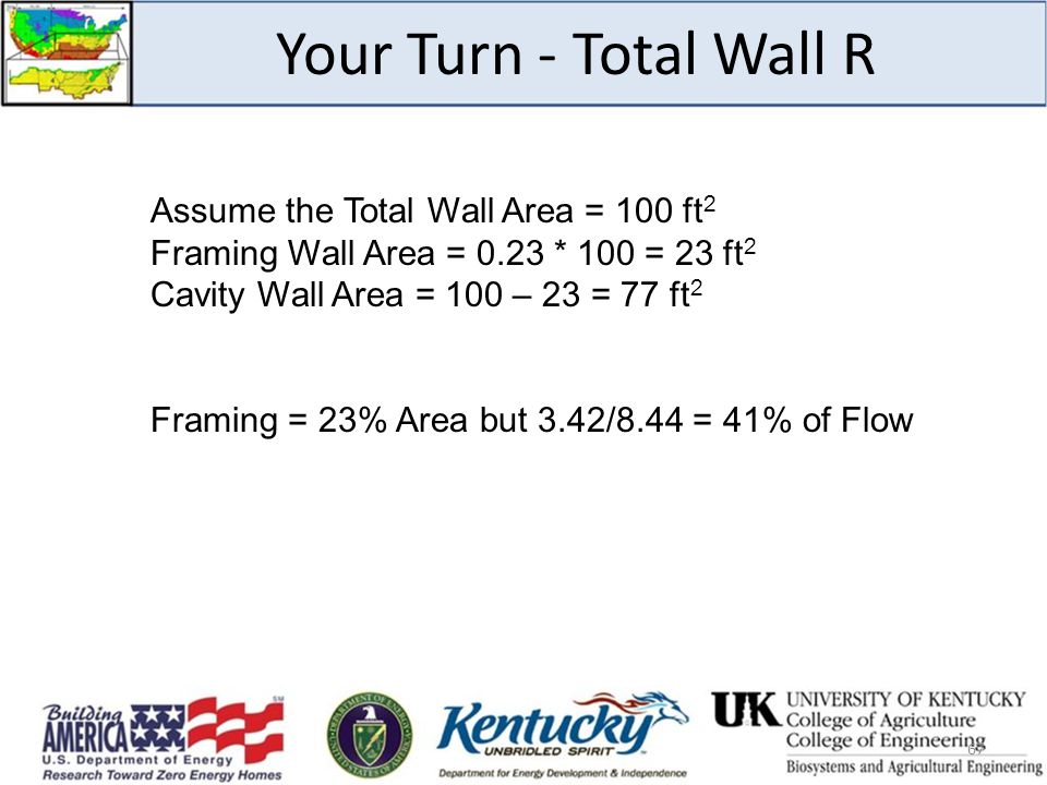 Assume the Total Wall Area = 100 ft 2 Framing Wall Area = 0.23 * 100 = 23 ft 2 Cavity Wall Area = 100 – 23 = 77 ft 2 Framing = 23% Area but 3.42/8.44 = 41% of Flow 67 Your Turn - Total Wall R