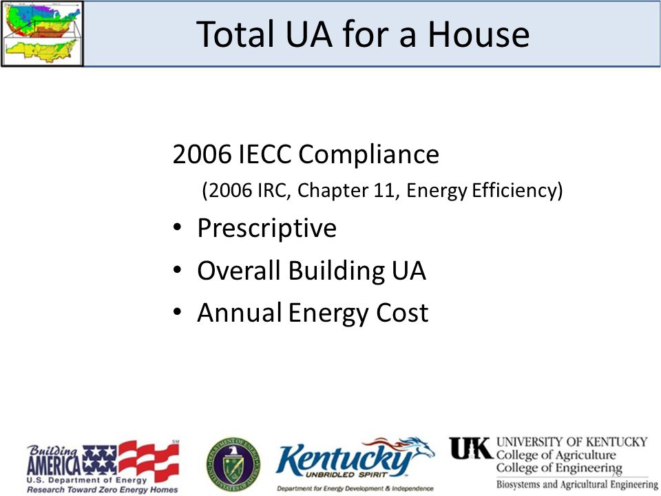 Total UA for a House 2006 IECC Compliance (2006 IRC, Chapter 11, Energy Efficiency) Prescriptive Overall Building UA Annual Energy Cost 70