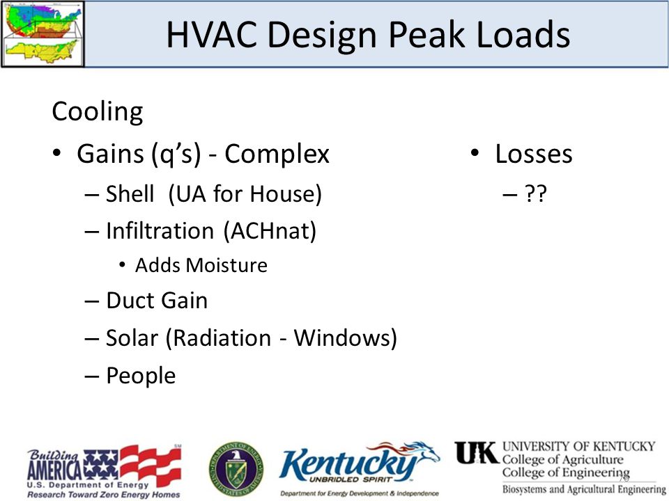 HVAC Design Peak Loads Cooling Gains (q’s) - Complex – Shell (UA for House) – Infiltration (ACHnat) Adds Moisture – Duct Gain – Solar (Radiation - Windows) – People 76 Losses –