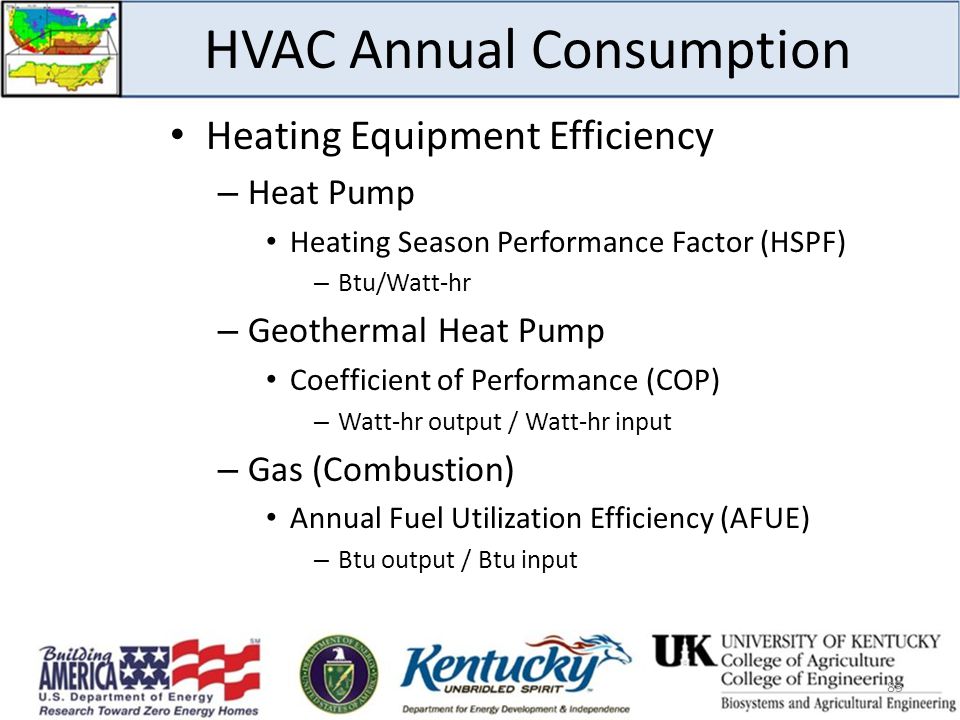 HVAC Annual Consumption Heating Equipment Efficiency – Heat Pump Heating Season Performance Factor (HSPF) – Btu/Watt-hr – Geothermal Heat Pump Coefficient of Performance (COP) – Watt-hr output / Watt-hr input – Gas (Combustion) Annual Fuel Utilization Efficiency (AFUE) – Btu output / Btu input 83