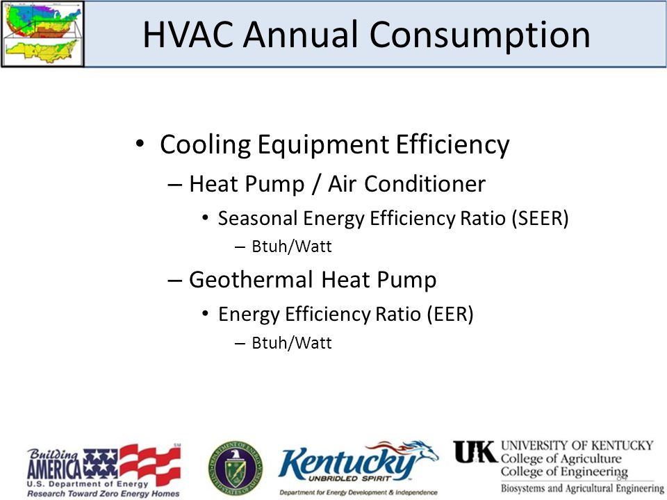 HVAC Annual Consumption Cooling Equipment Efficiency – Heat Pump / Air Conditioner Seasonal Energy Efficiency Ratio (SEER) – Btuh/Watt – Geothermal Heat Pump Energy Efficiency Ratio (EER) – Btuh/Watt 84