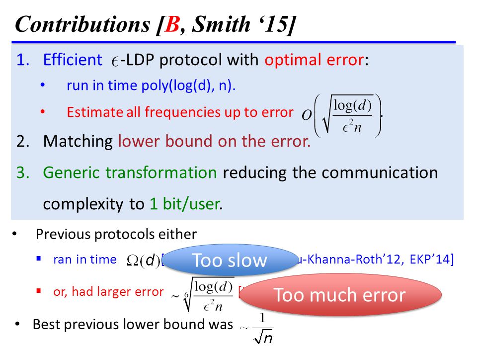 Contributions [B, Smith ‘15] 1.Efficient -LDP protocol with optimal error: run in time poly(log(d), n).