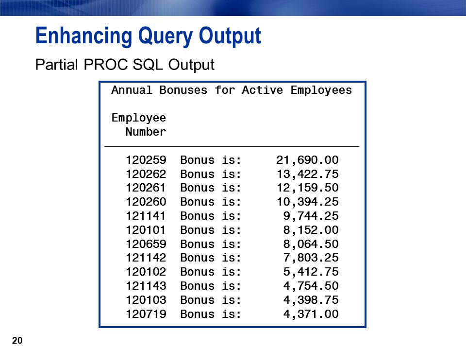 20 Enhancing Query Output Partial PROC SQL Output 20 Annual Bonuses for Active Employees Employee Number ƒƒƒƒƒƒƒƒƒƒƒƒƒƒƒƒƒƒƒƒƒƒƒƒƒƒƒƒƒƒƒƒƒƒƒƒƒ Bonus is: 21, Bonus is: 13, Bonus is: 12, Bonus is: 10, Bonus is: 9, Bonus is: 8, Bonus is: 8, Bonus is: 7, Bonus is: 5, Bonus is: 4, Bonus is: 4, Bonus is: 4,371.00
