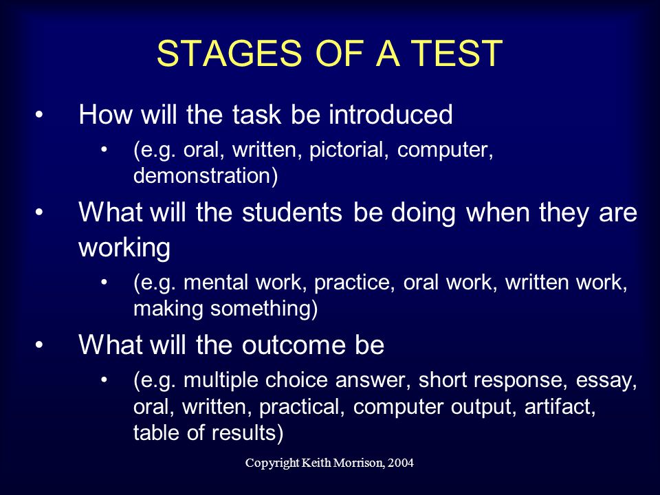 Copyright Keith Morrison, 2004 STAGES OF A TEST How will the task be introduced (e.g.