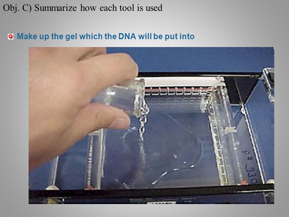 Make up the gel which the DNA will be put into Obj. C) Summarize how each tool is used
