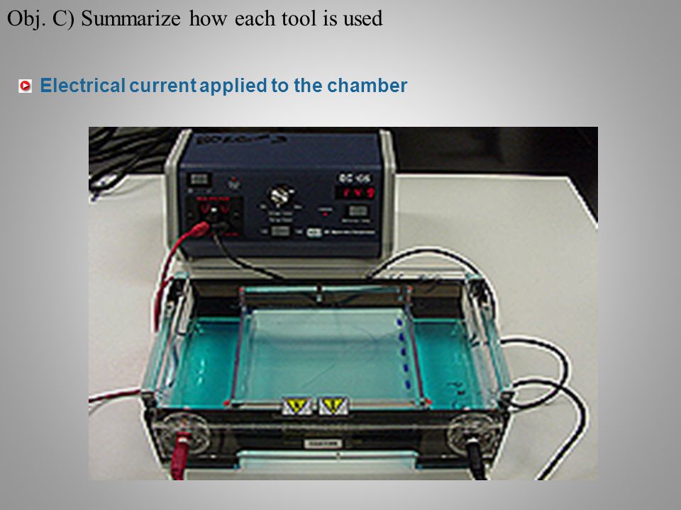 Electrical current applied to the chamber Obj. C) Summarize how each tool is used