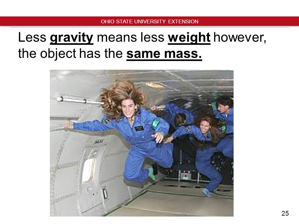 25 OHIO STATE UNIVERSITY EXTENSION Less gravity means less weight however, the object has the same mass.