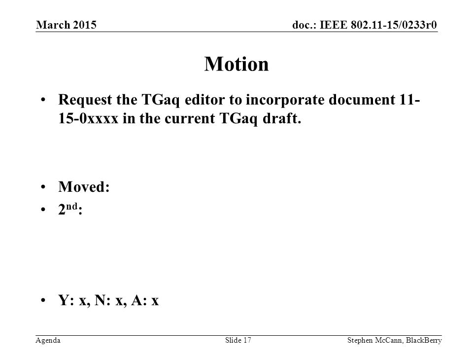 doc.: IEEE /0233r0 AgendaStephen McCann, BlackBerrySlide 17 Motion Request the TGaq editor to incorporate document xxxx in the current TGaq draft.