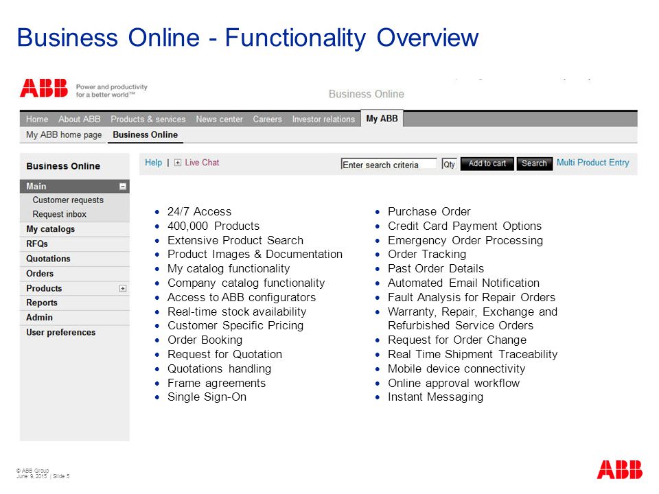 © ABB Group June 9, 2015 | Slide 5 Business Online - Functionality Overview  24/7 Access  400,000 Products  Extensive Product Search  Product Images & Documentation  My catalog functionality  Company catalog functionality  Access to ABB configurators  Real-time stock availability  Customer Specific Pricing  Order Booking  Request for Quotation  Quotations handling  Frame agreements  Single Sign-On  Purchase Order  Credit Card Payment Options  Emergency Order Processing  Order Tracking  Past Order Details  Automated  Notification  Fault Analysis for Repair Orders  Warranty, Repair, Exchange and Refurbished Service Orders  Request for Order Change  Real Time Shipment Traceability  Mobile device connectivity  Online approval workflow  Instant Messaging