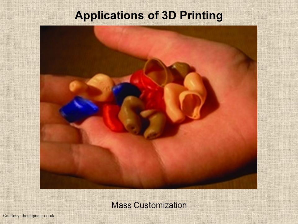 Applications of 3D Printing Mass Customization Courtesy: thenegineer.co.uk