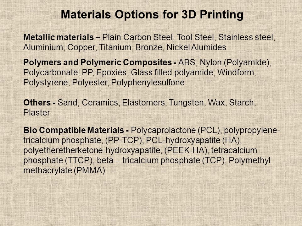 Materials Options for 3D Printing Metallic materials – Plain Carbon Steel, Tool Steel, Stainless steel, Aluminium, Copper, Titanium, Bronze, Nickel Alumides Polymers and Polymeric Composites - ABS, Nylon (Polyamide), Polycarbonate, PP, Epoxies, Glass filled polyamide, Windform, Polystyrene, Polyester, Polyphenylesulfone Others - Sand, Ceramics, Elastomers, Tungsten, Wax, Starch, Plaster Bio Compatible Materials - Polycaprolactone (PCL), polypropylene- tricalcium phosphate, (PP-TCP), PCL-hydroxyapatite (HA), polyetheretherketone-hydroxyapatite, (PEEK-HA), tetracalcium phosphate (TTCP), beta – tricalcium phosphate (TCP), Polymethyl methacrylate (PMMA)