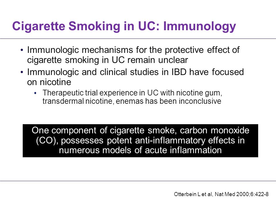 Cigarette Smoking in UC: Immunology Immunologic mechanisms for the protective effect of cigarette smoking in UC remain unclear Immunologic and clinical studies in IBD have focused on nicotine Therapeutic trial experience in UC with nicotine gum, transdermal nicotine, enemas has been inconclusive Otterbein L et al, Nat Med 2000;6:422-8 One component of cigarette smoke, carbon monoxide (CO), possesses potent anti-inflammatory effects in numerous models of acute inflammation