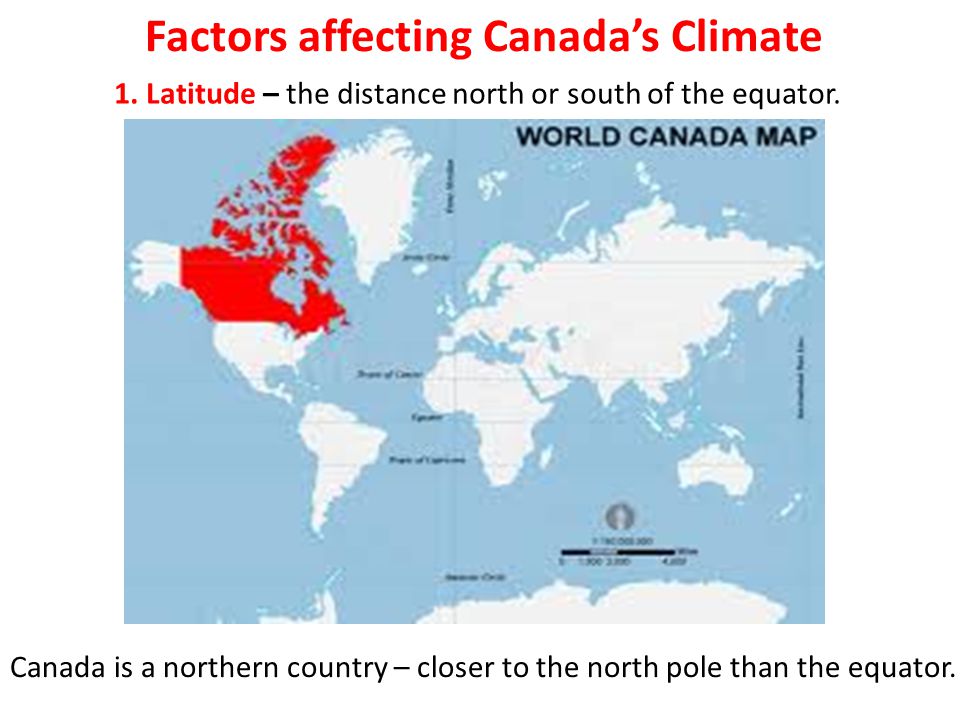 Factors affecting Canada’s Climate 1. Latitude – the distance north or south of the equator.