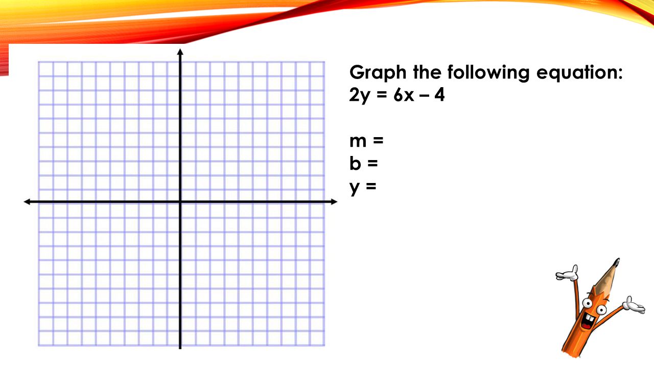 Graph the following equation: 2y = 6x – 4 m = b = y =