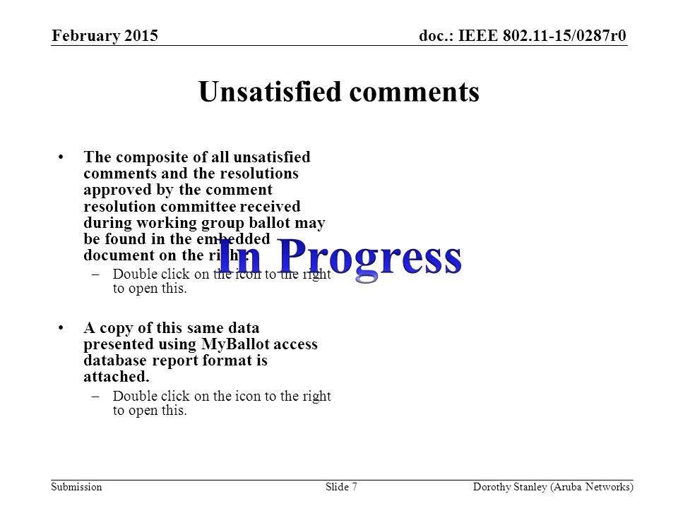 doc.: IEEE /0287r0 Submission Unsatisfied comments The composite of all unsatisfied comments and the resolutions approved by the comment resolution committee received during working group ballot may be found in the embedded document on the right: –Double click on the icon to the right to open this.