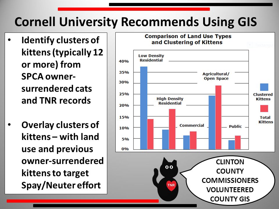 Identify clusters of kittens (typically 12 or more) from SPCA owner- surrendered cats and TNR records Overlay clusters of kittens – with land use and previous owner-surrendered kittens to target Spay/Neuter effort Cornell University Recommends Using GIS CLINTON COUNTY COMMISSIONERS VOLUNTEERED COUNTY GIS