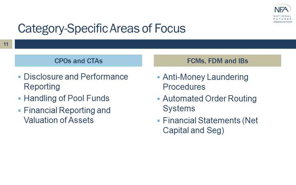 CPOs and CTAs  Disclosure and Performance Reporting  Handling of Pool Funds  Financial Reporting and Valuation of Assets  Anti-Money Laundering Procedures  Automated Order Routing Systems  Financial Statements (Net Capital and Seg) Category-Specific Areas of Focus FCMs, FDM and IBs 11